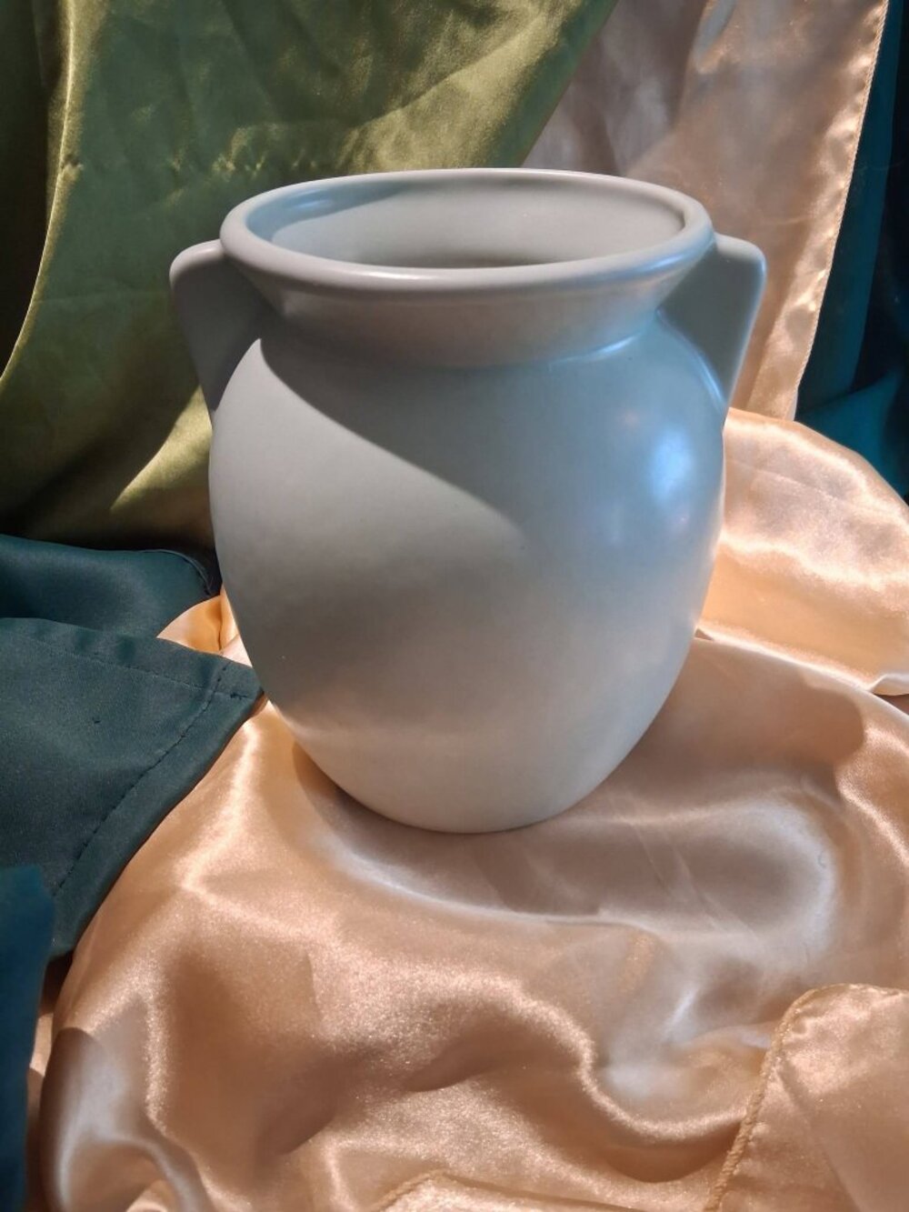 Vintage 1980S Matte Ice Blue Double Handle Urn Vase Grecian Amphora Pottery